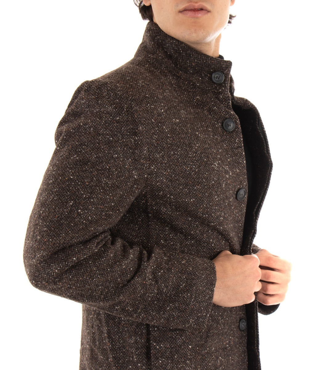 Cappotto Giacca Uomo Collo Coreano Giaccone Microfantasia Marrone Giubbotto Baronetto GIOSAL-G2518A