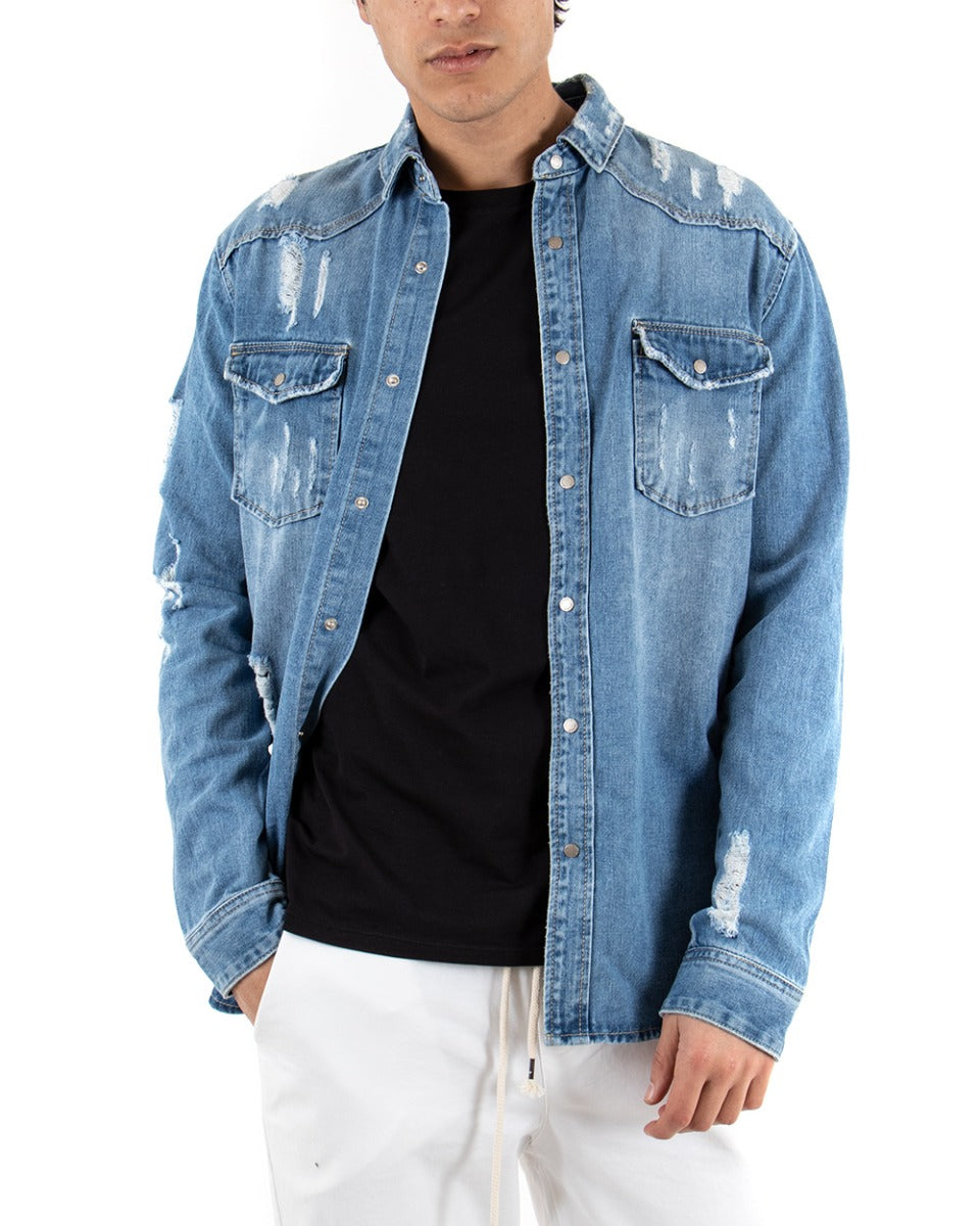 Giubbotto Uomo Giacca Jeans Con Colletto Denim Rotture GIOSAL-G2535A