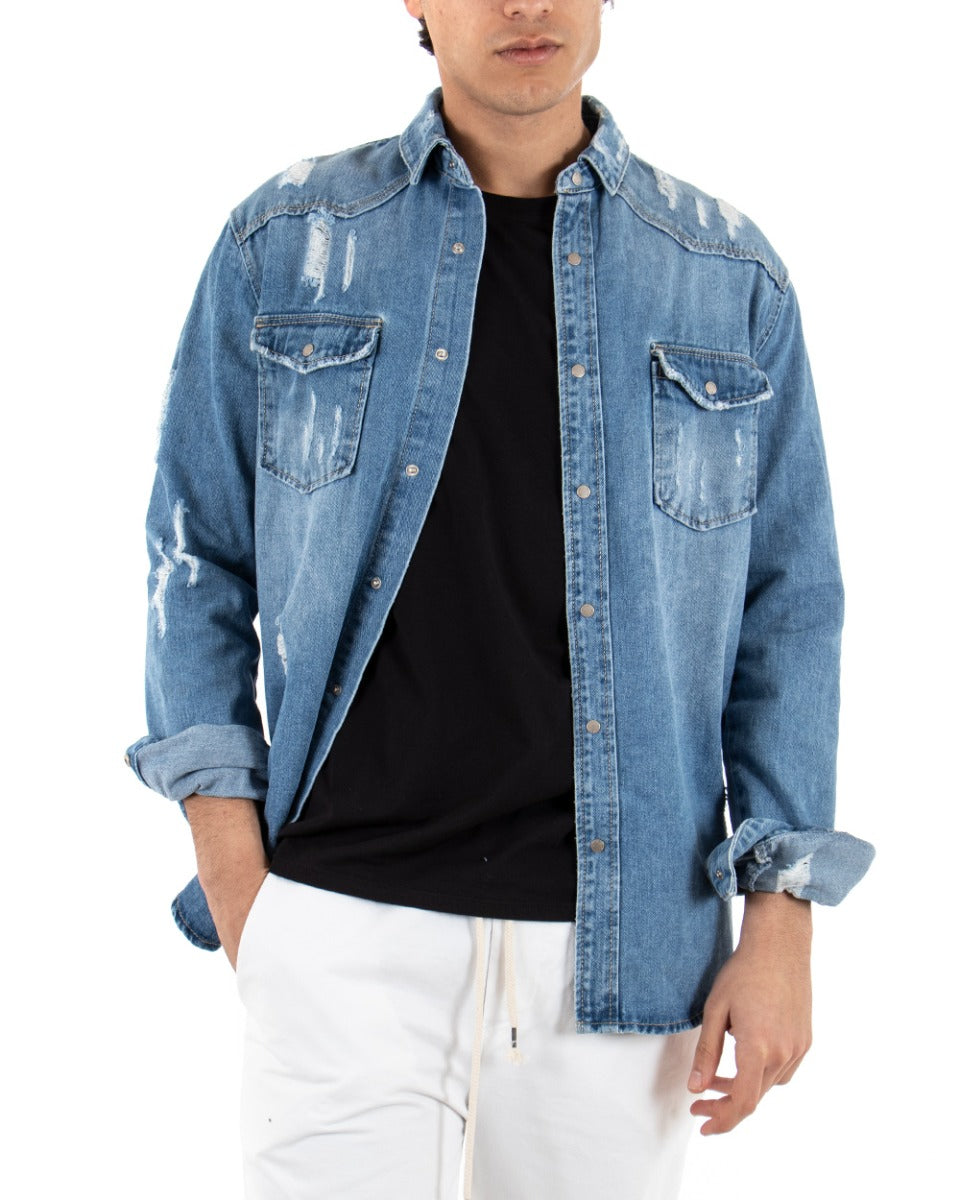Giubbotto Uomo Giacca Jeans Con Colletto Denim Rotture GIOSAL-G2535A