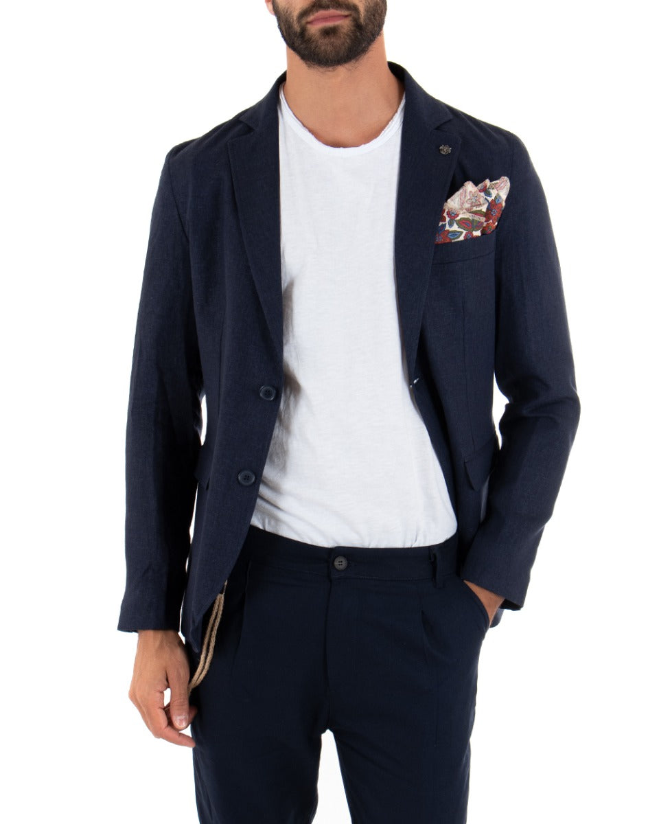 Giacca Uomo Monopetto Lino Tinta Unita Blu Colletto Pochette GIOSAL-G2559A