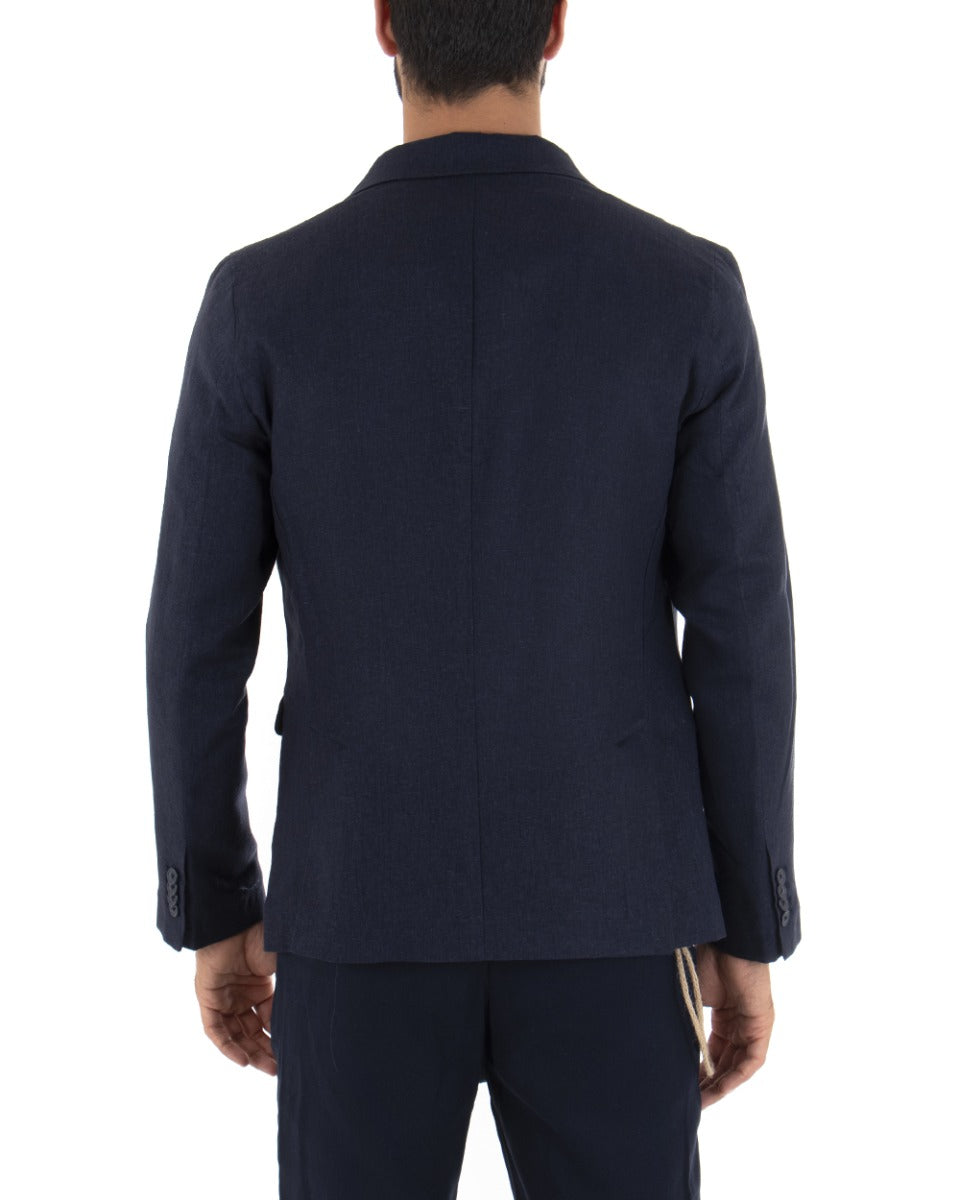 Giacca Uomo Monopetto Lino Tinta Unita Blu Colletto Pochette GIOSAL-G2559A