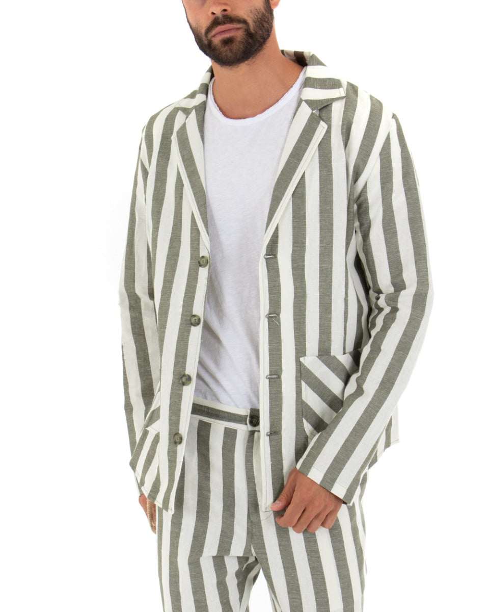 Camicia Uomo Giacca Con Colletto Manica Lunga Lino Sartoriale Rigata Verde GIOSAL-G2565A