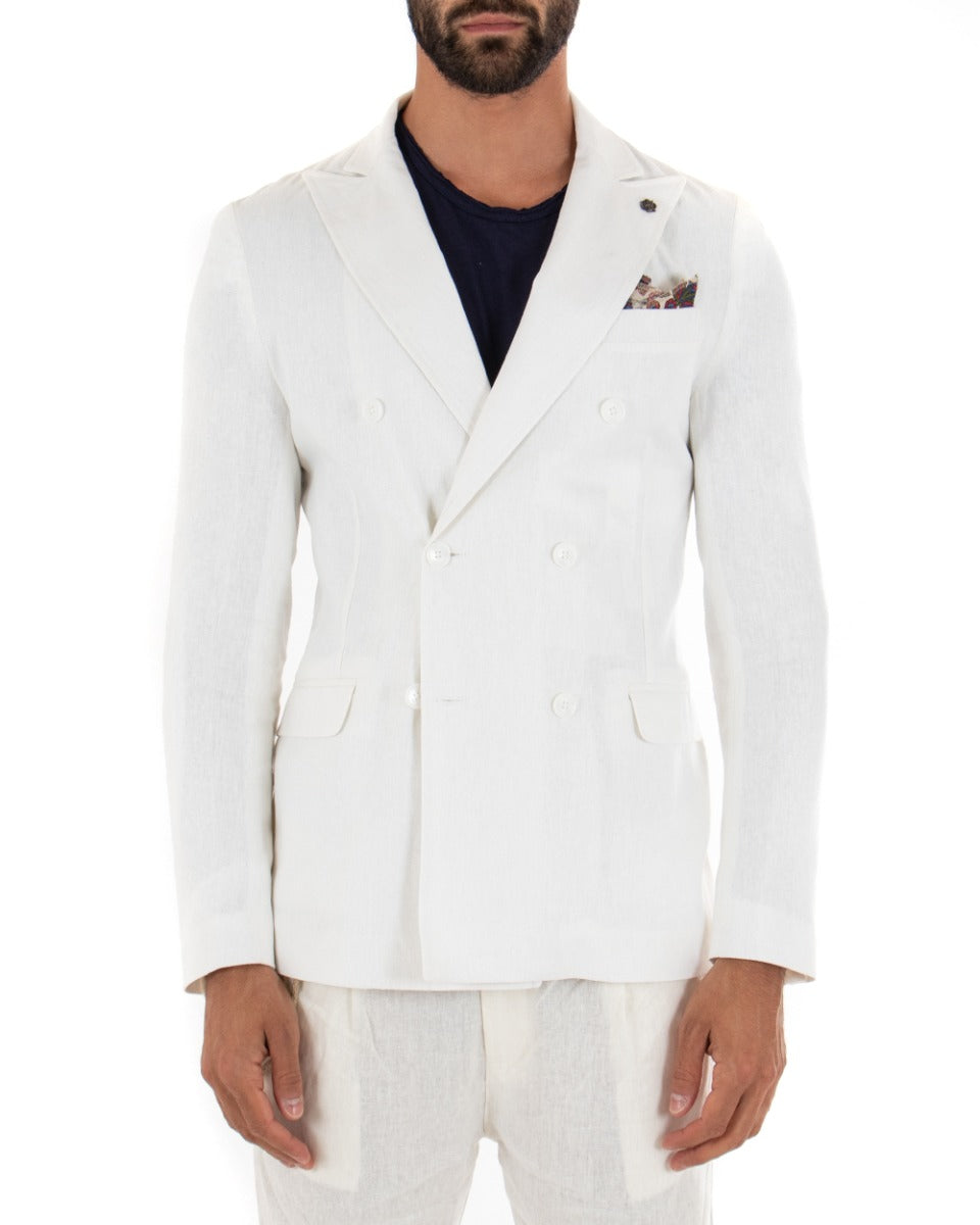 Giacca Uomo Doppiopetto Lino Tinta Unita Bianco Colletto Pochette GIOSAL-G2568A