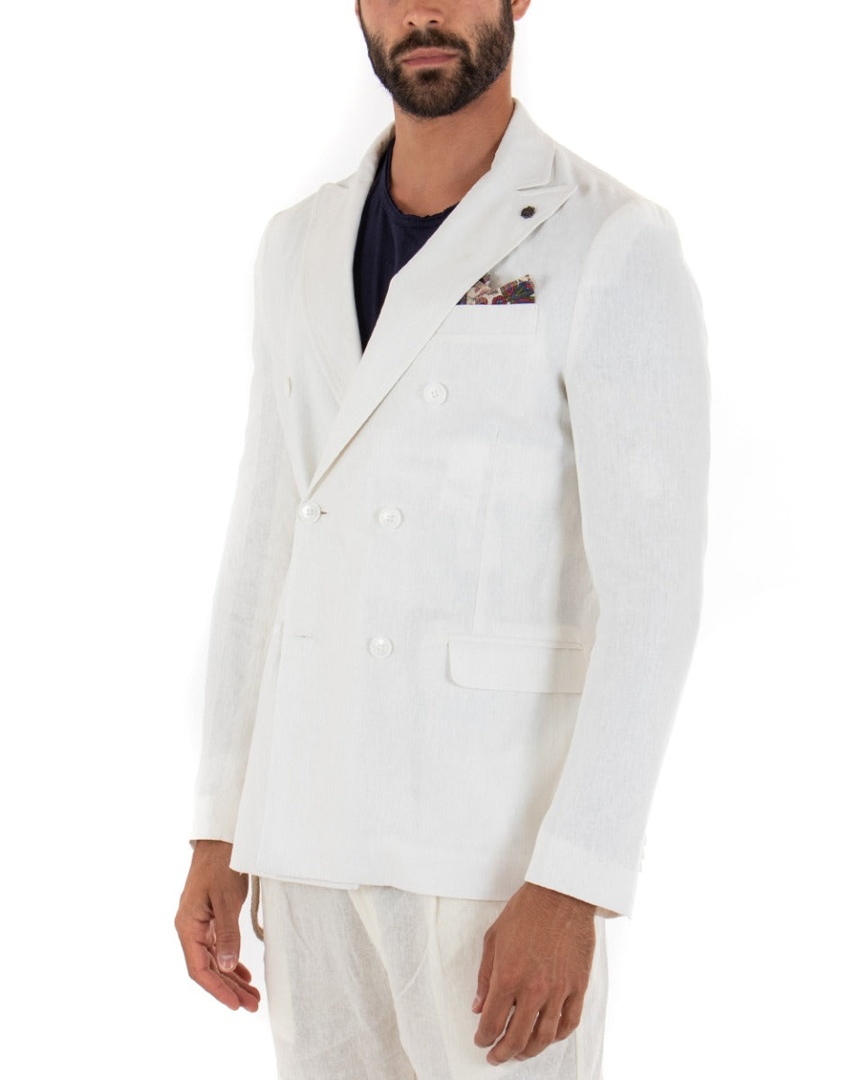 Giacca Uomo Doppiopetto Lino Tinta Unita Bianco Colletto Pochette GIOSAL-G2568A
