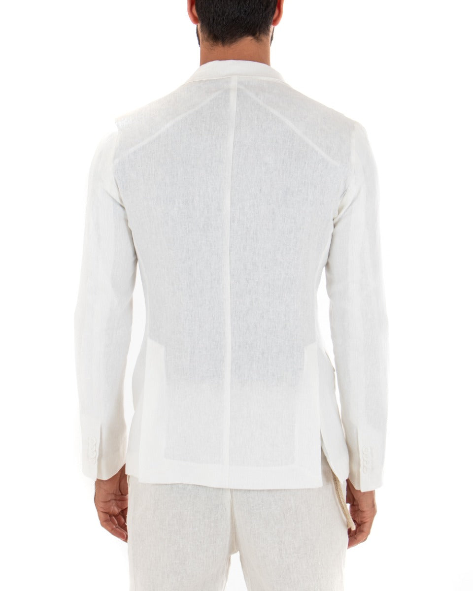 Giacca Uomo Doppiopetto Lino Tinta Unita Bianco Colletto Pochette GIOSAL-G2568A