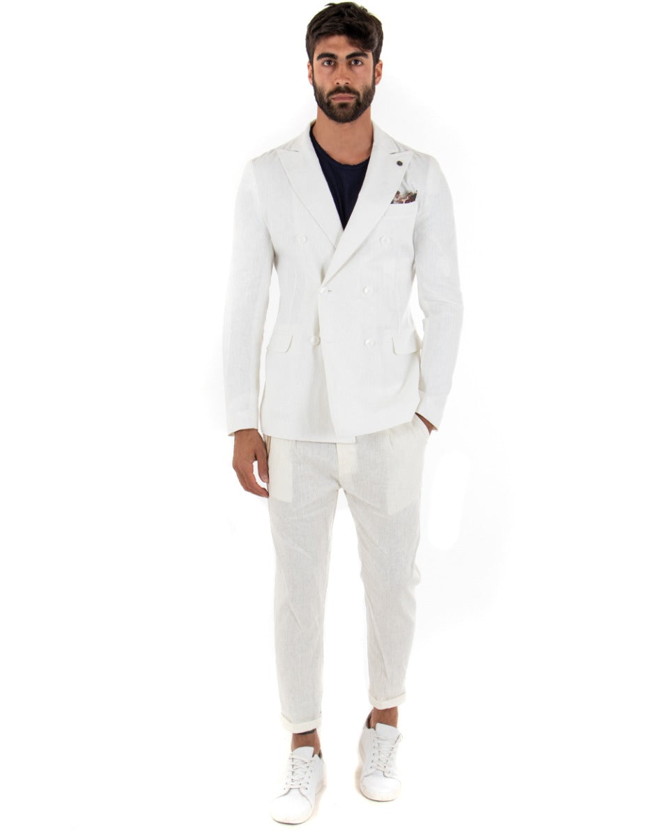 Giacca Uomo Doppiopetto Lino Tinta Unita Bianco Colletto Pochette GIOSAL-G2568A