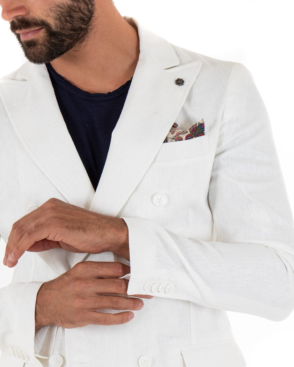 Giacca Uomo Doppiopetto Lino Tinta Unita Bianco Colletto Pochette GIOSAL-G2568A