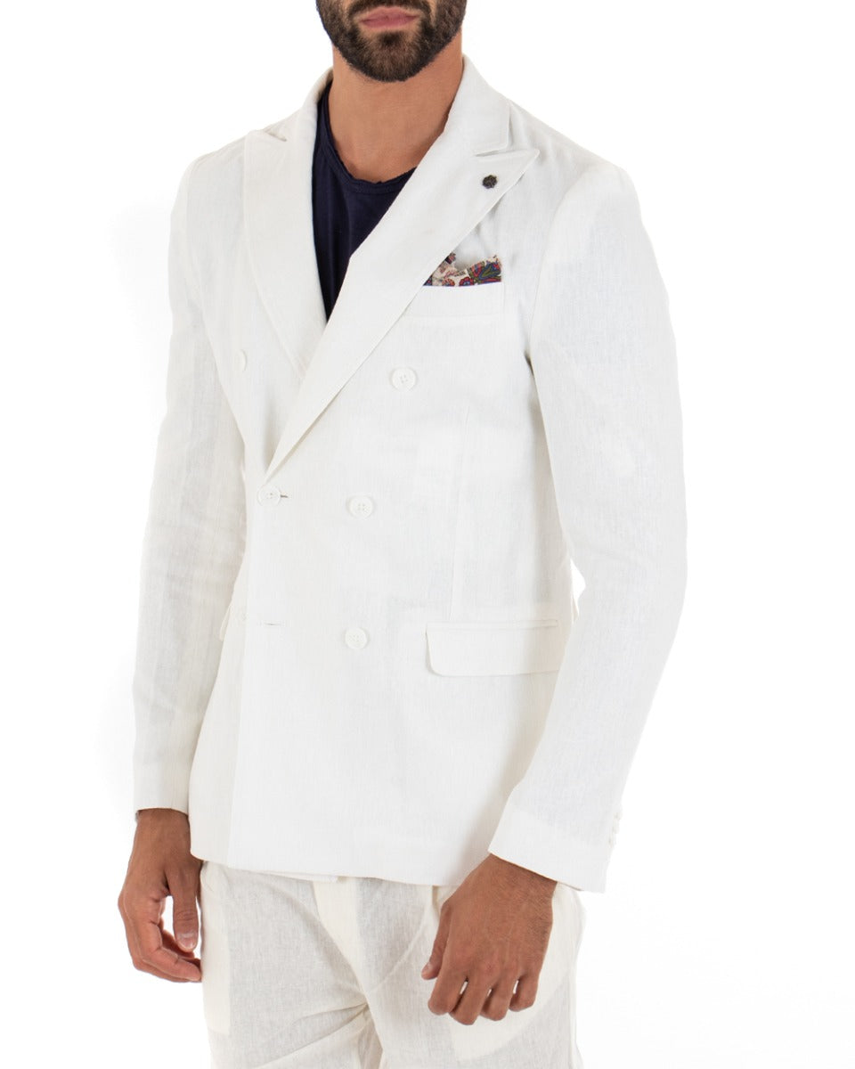 Giacca Uomo Doppiopetto Lino Tinta Unita Bianco Colletto Pochette GIOSAL-G2568A