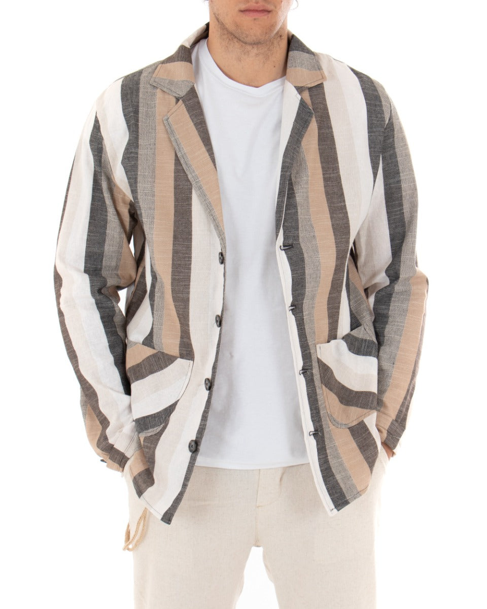 Giacca Monopetto Uomo Camicia Rigata Colletto Maniche Lunghe Tasche Mu