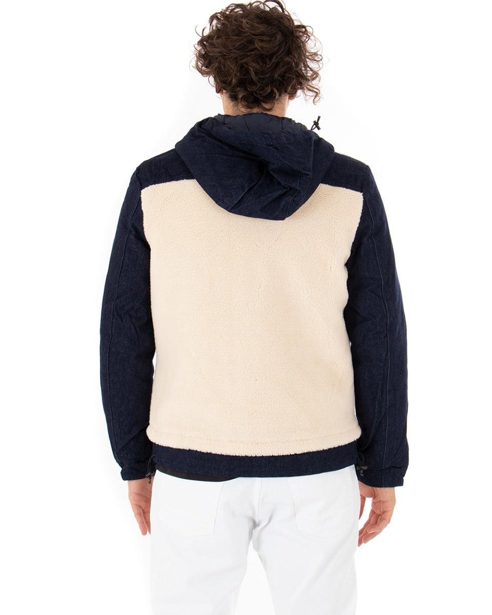 Giubbotto Uomo Giacca Denim Blu Pelliccia Teddy Cappuccio GIOSAL-G2611A