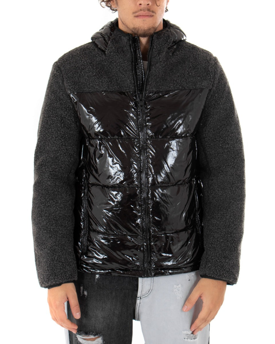 Giubbotto Uomo Bomber Lucido Nero Teddy Pelliccia Cappuccio GIOSAL-G2612A