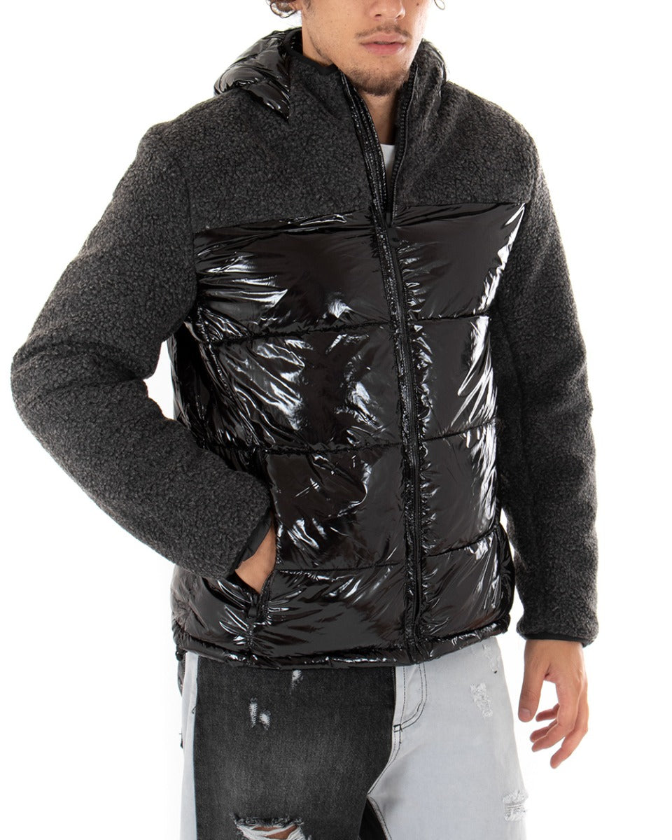 Giubbotto Uomo Bomber Lucido Nero Teddy Pelliccia Cappuccio GIOSAL-G2612A