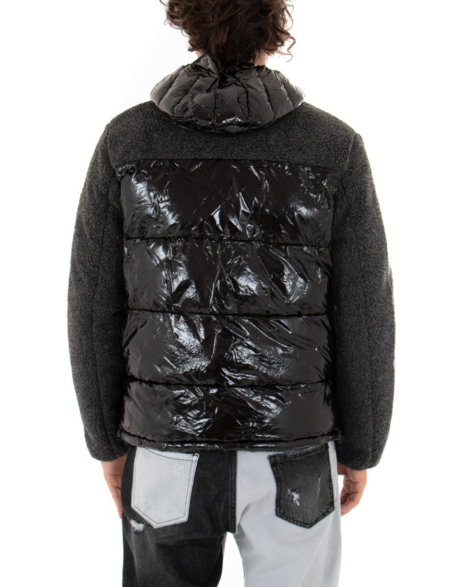 Giubbotto Uomo Bomber Lucido Nero Teddy Pelliccia Cappuccio GIOSAL-G2612A