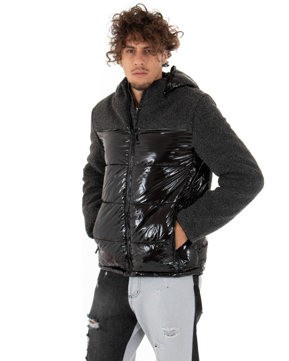 Giubbotto Uomo Bomber Lucido Nero Teddy Pelliccia Cappuccio GIOSAL-G2612A