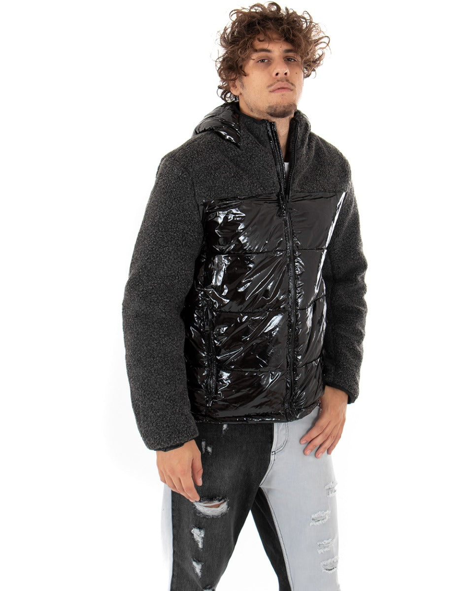 Giubbotto Uomo Bomber Lucido Nero Teddy Pelliccia Cappuccio GIOSAL-G2612A