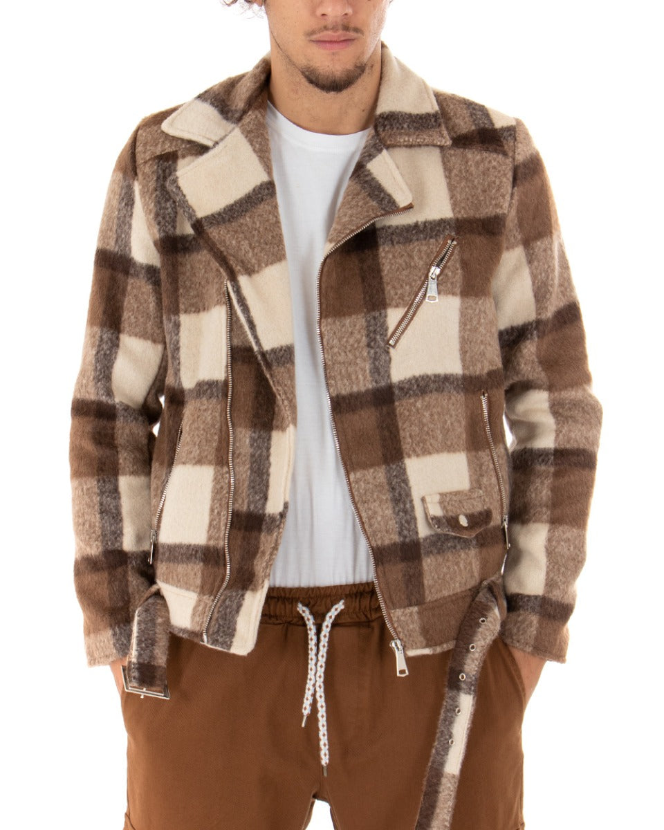 Giubbotto Uomo Chiodo In Panno Biker A Quadri Scozzese Camel Casual GIOSAL-G2616A