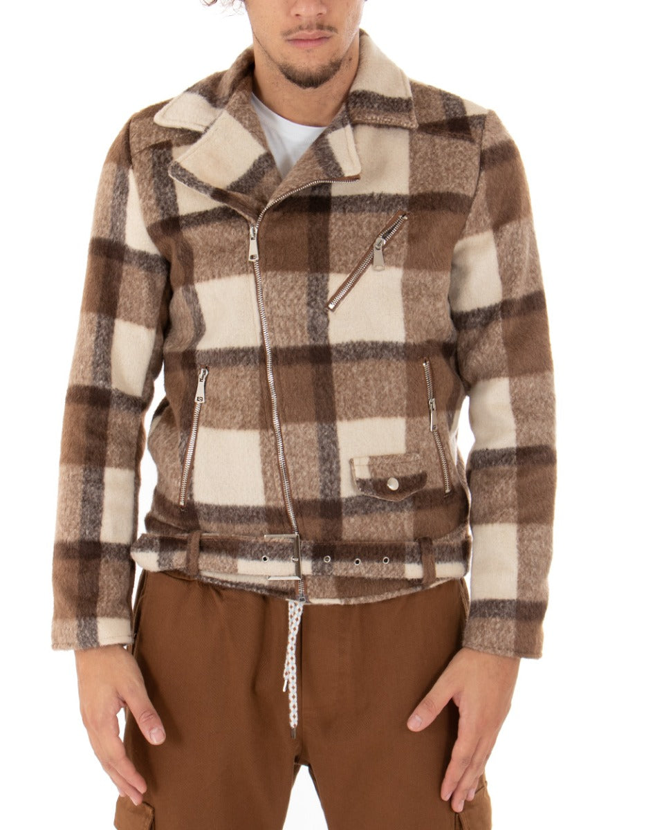 Giubbotto Uomo Chiodo In Panno Biker A Quadri Scozzese Camel Casual GIOSAL-G2616A