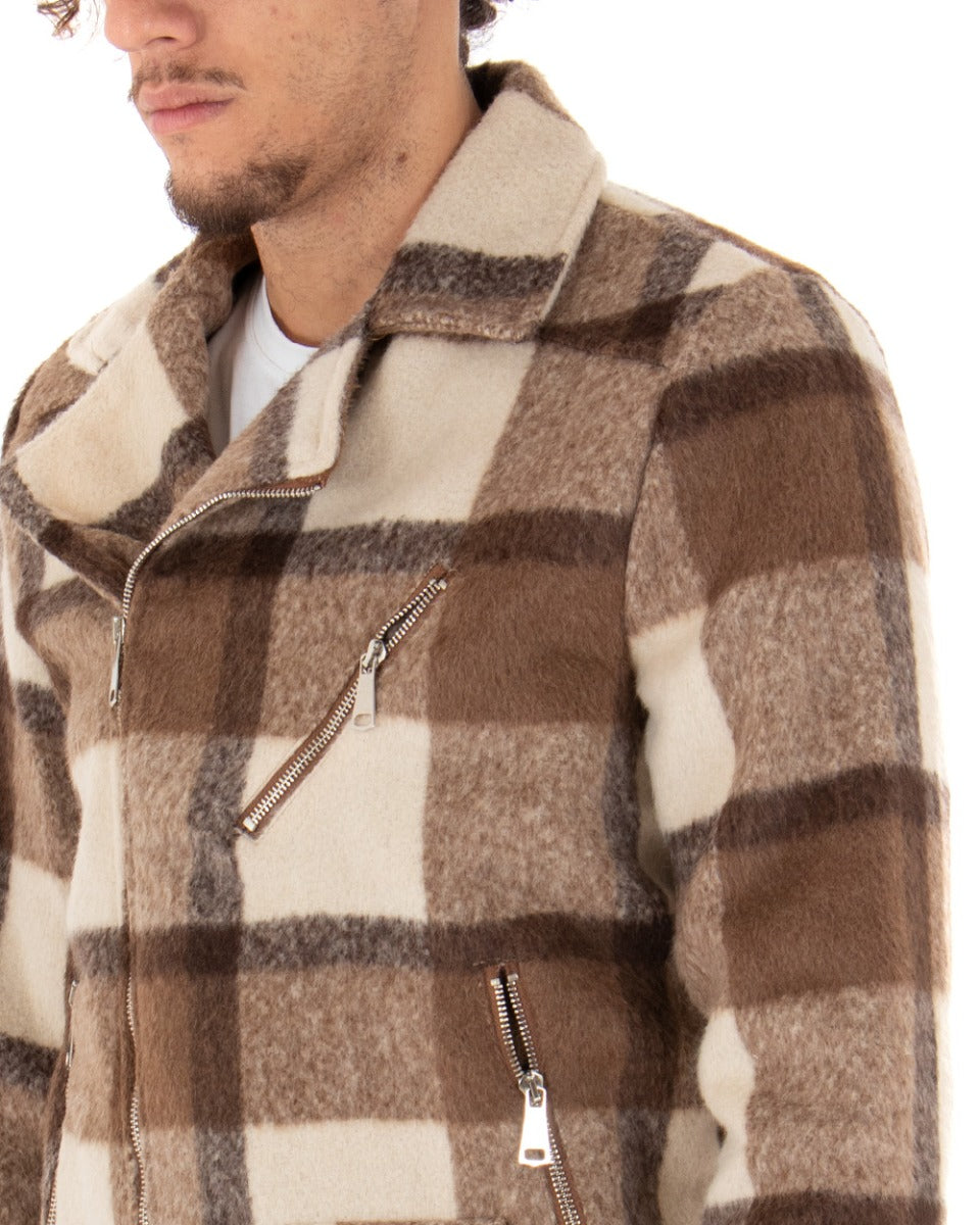Giubbotto Uomo Chiodo In Panno Biker A Quadri Scozzese Camel Casual GIOSAL-G2616A