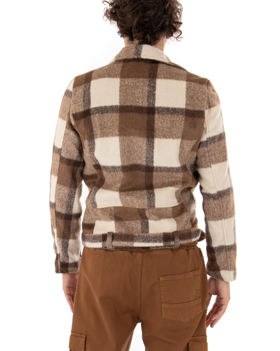 Giubbotto Uomo Chiodo In Panno Biker A Quadri Scozzese Camel Casual GIOSAL-G2616A