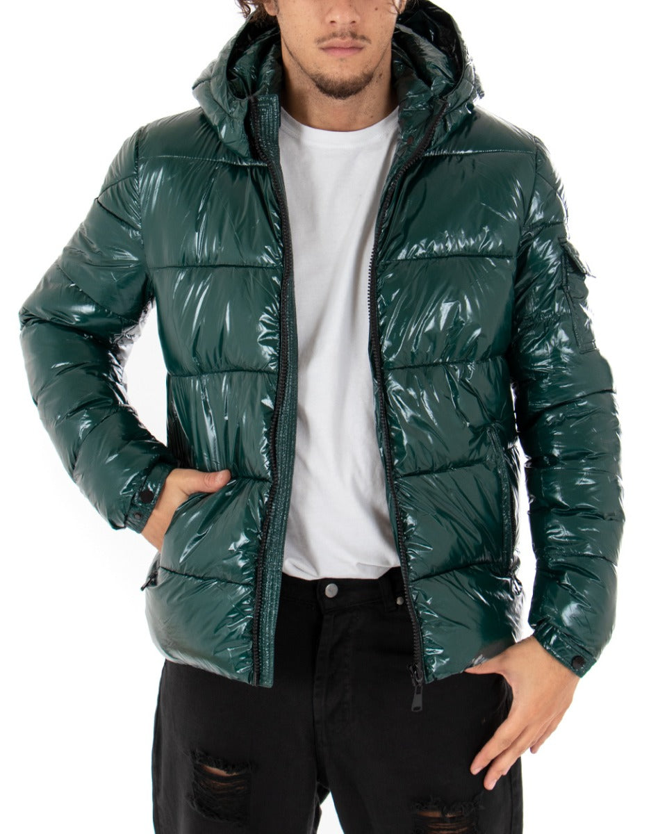 Giubbotto Uomo Bomber Lucido Vernice Cappuccio Tinta Unita Verde GIOSAL-G2621A