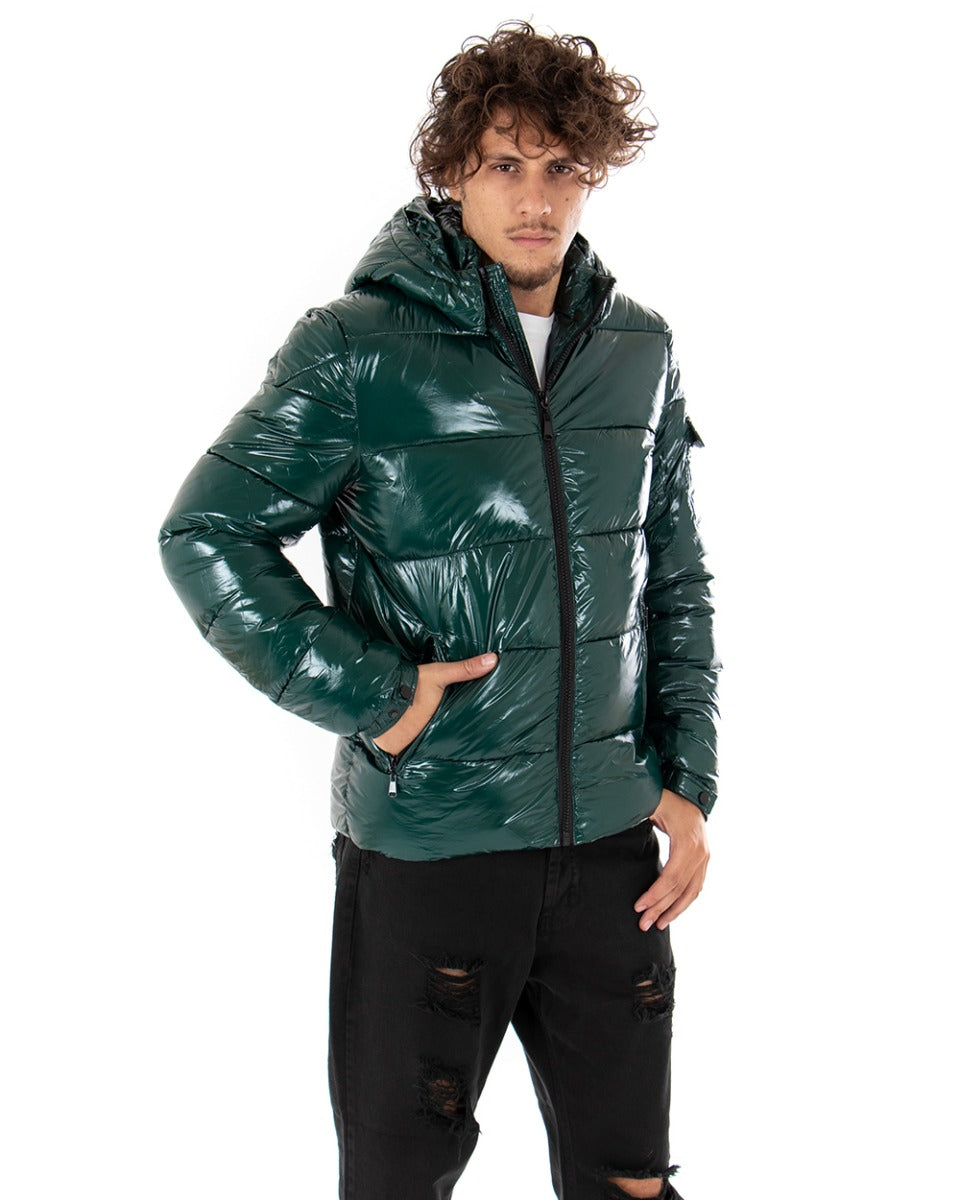 Giubbotto Uomo Bomber Lucido Vernice Cappuccio Tinta Unita Verde GIOSAL-G2621A