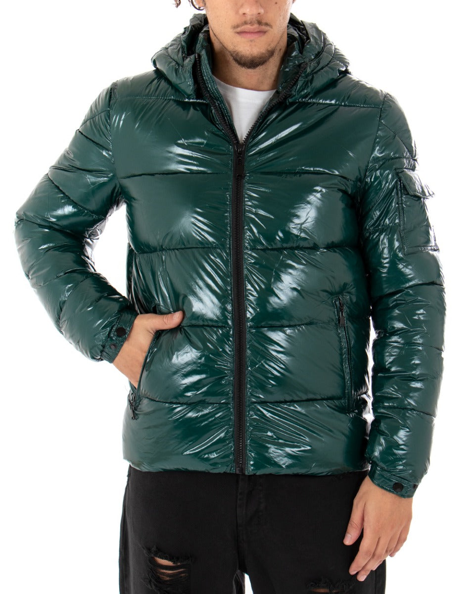 Giubbotto Uomo Bomber Lucido Vernice Cappuccio Tinta Unita Verde GIOSAL-G2621A