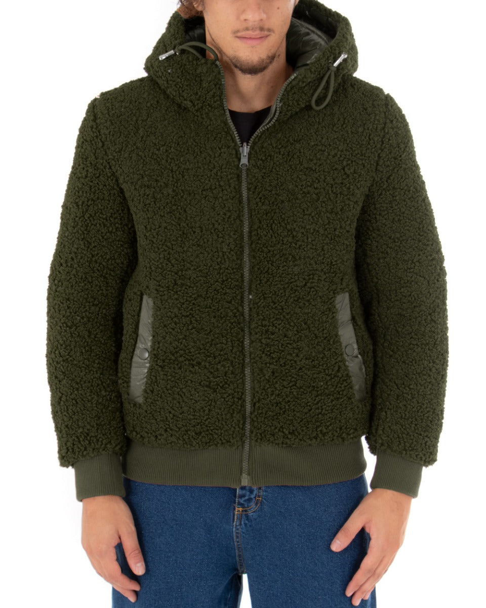 Giubbotto Uomo Teddy Lucido Tinta Unita Verde Double Face Cappuccio Bomber GIOSAL-G2643A