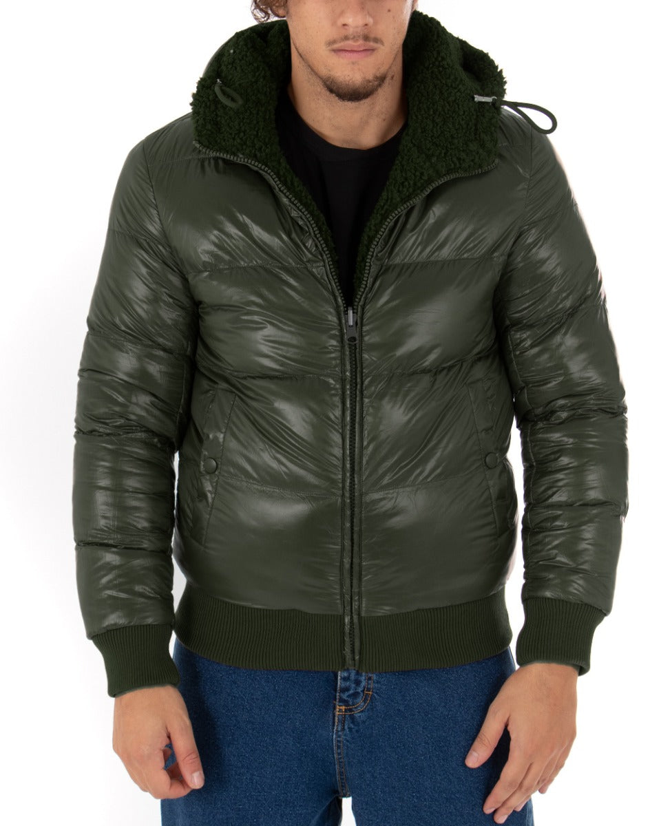 Giubbotto Uomo Teddy Lucido Tinta Unita Verde Double Face Cappuccio Bomber GIOSAL-G2643A