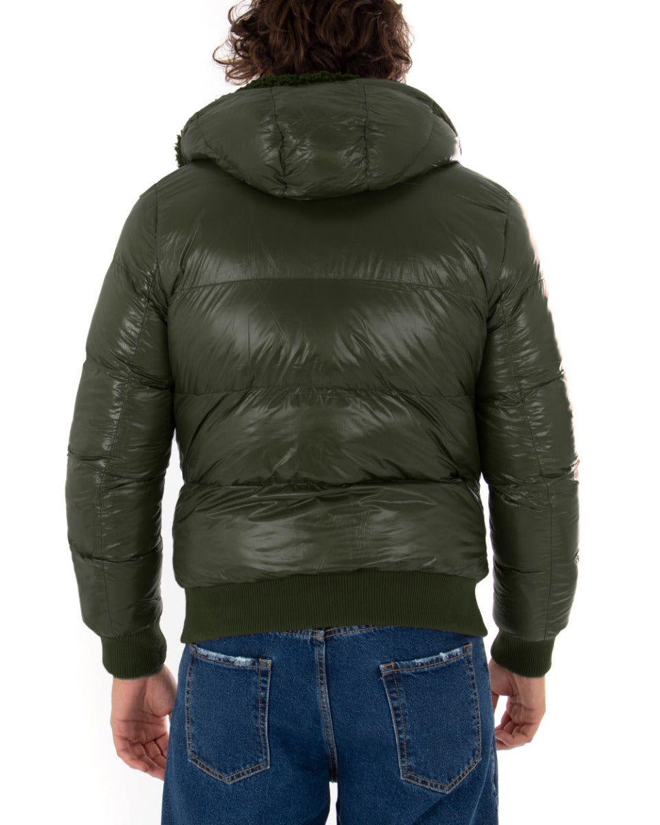 Giubbotto Uomo Teddy Lucido Tinta Unita Verde Double Face Cappuccio Bomber GIOSAL-G2643A