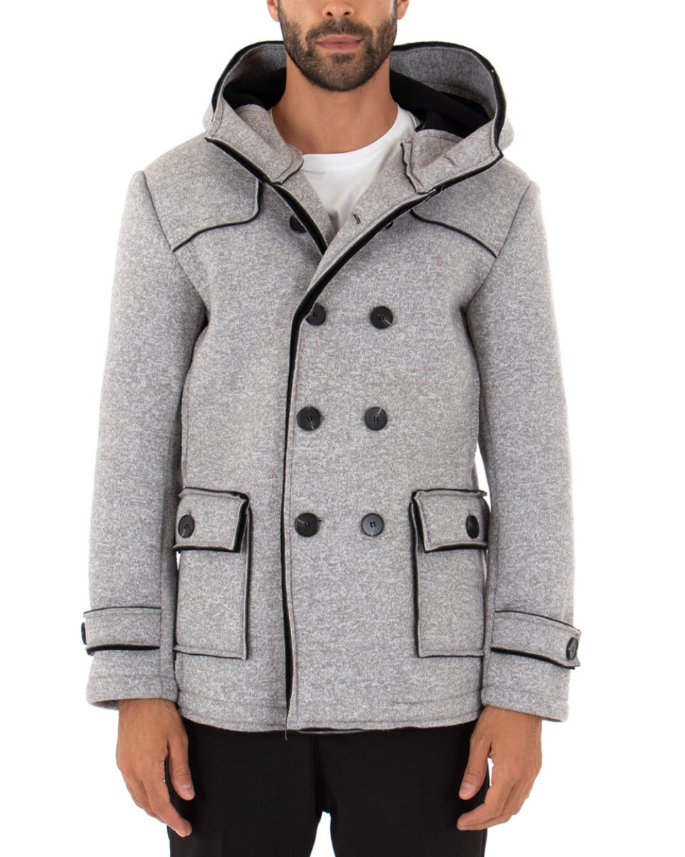 Cappotto Doppiopetto Uomo Giacca Giaccone Con Cappuccio Grigio Giubbotto Elegante GIOSAL-G2652A