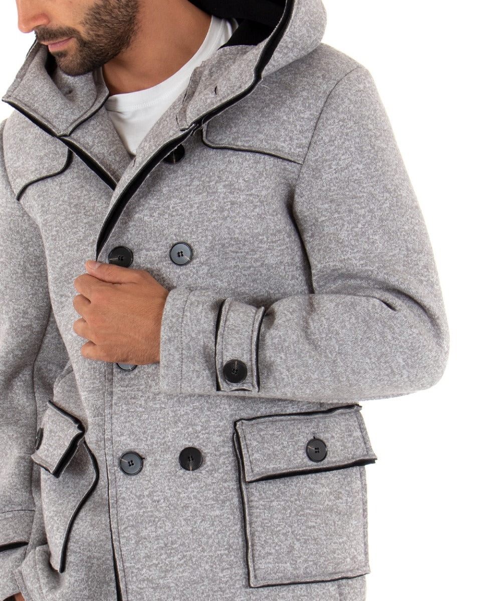 Cappotto Doppiopetto Uomo Giacca Giaccone Con Cappuccio Grigio Giubbotto Elegante GIOSAL-G2652A