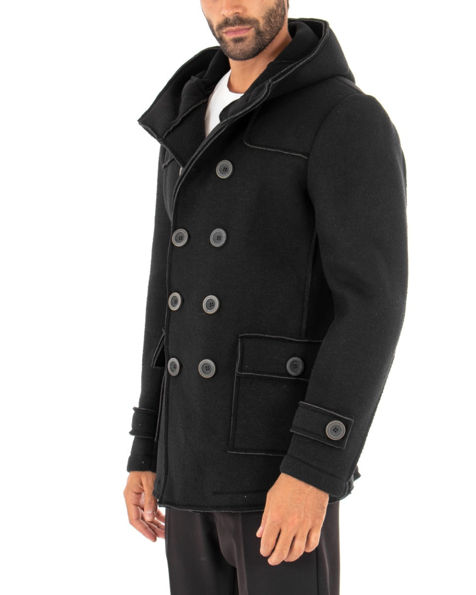 Cappotto Doppiopetto Uomo Giacca Giaccone Con Cappuccio Nero Giubbotto Elegante GIOSAL-G2654A