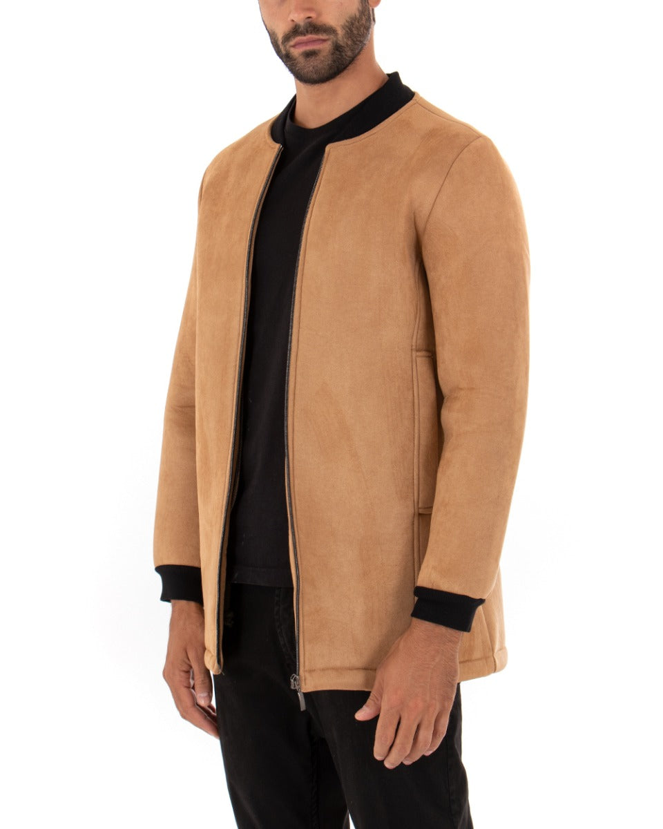 Giubbotto Uomo Lungo Camoscio Tinta Unita Camel Panno GIOSAL-G2663A