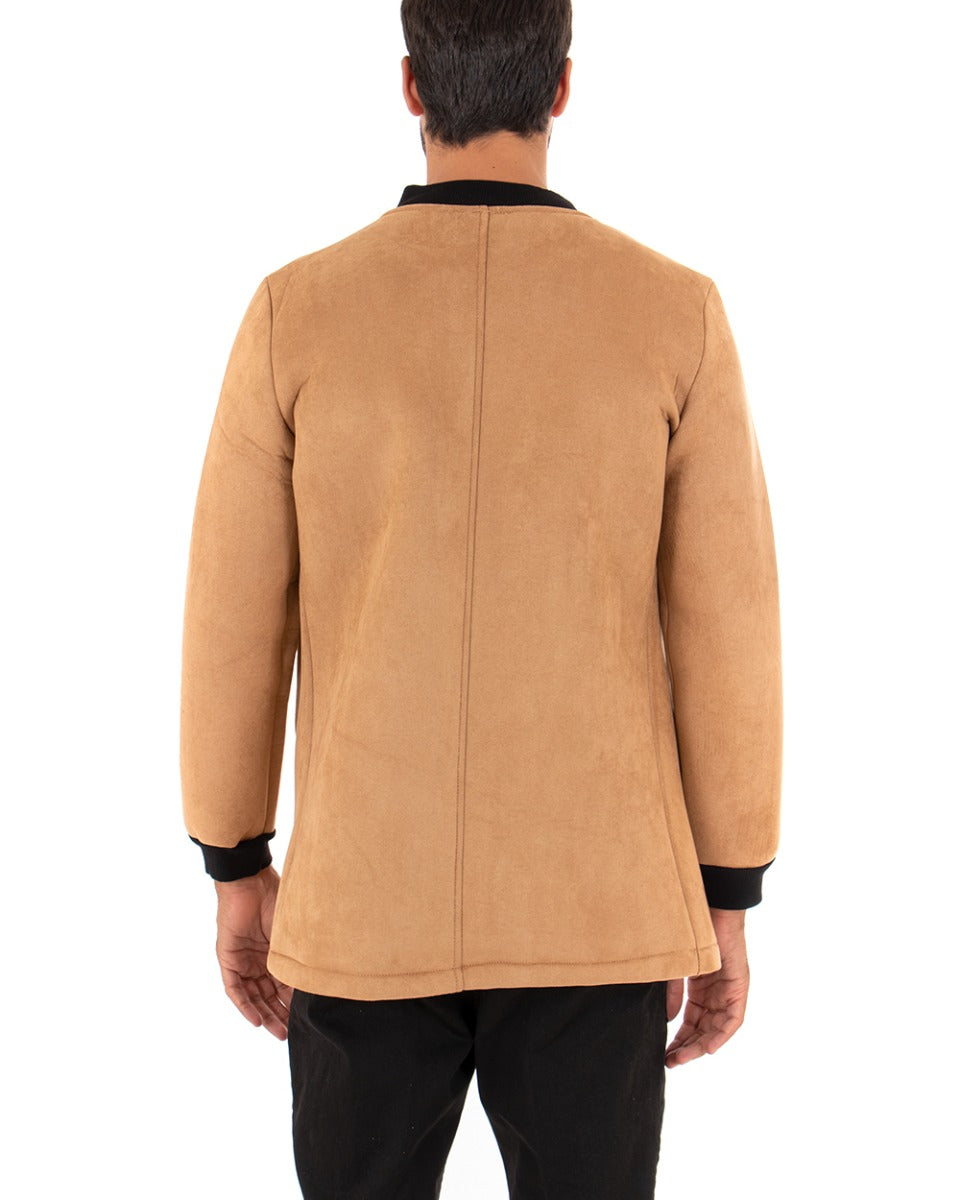Giubbotto Uomo Lungo Camoscio Tinta Unita Camel Panno GIOSAL-G2663A