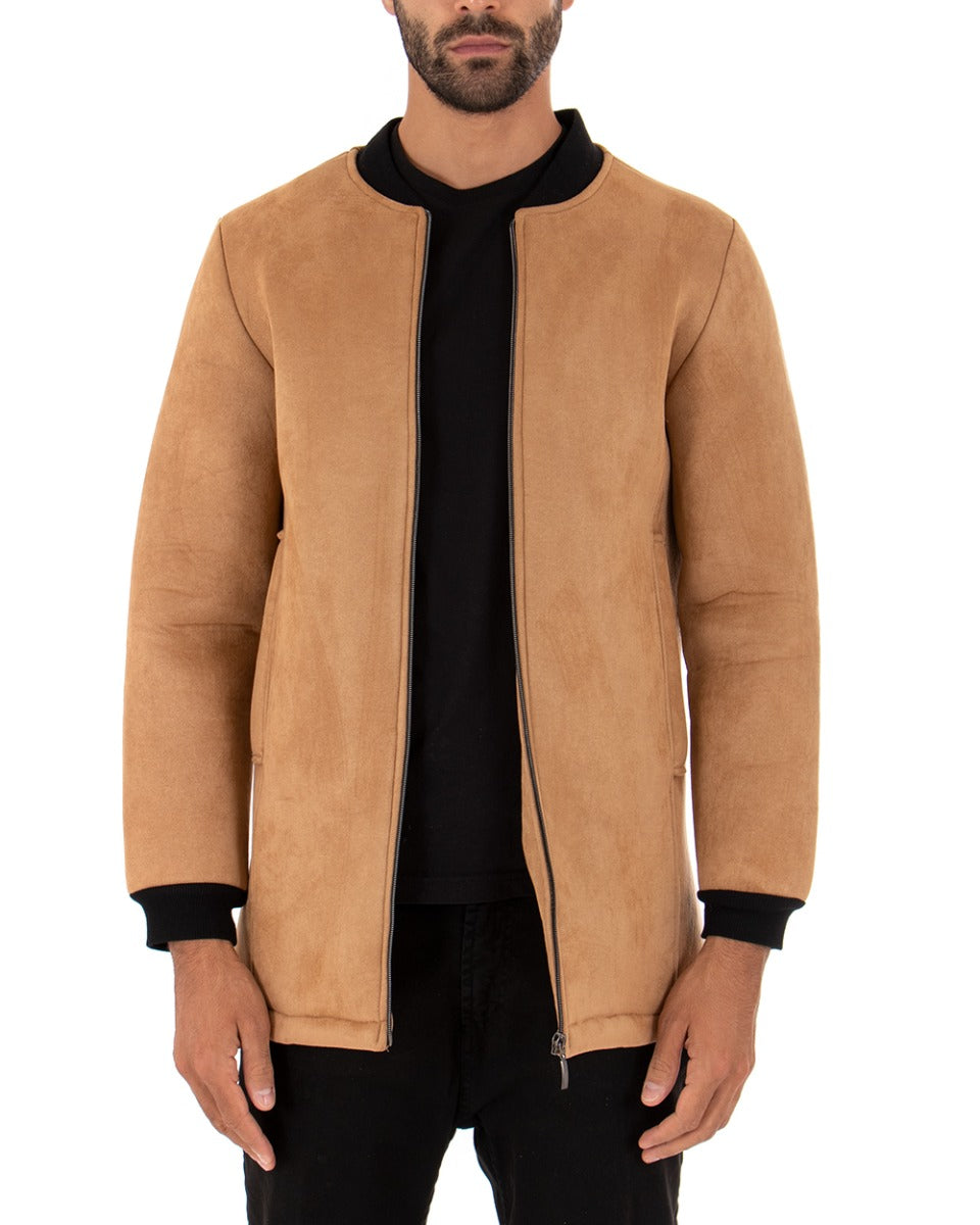 Giubbotto Uomo Lungo Camoscio Tinta Unita Camel Panno GIOSAL-G2663A