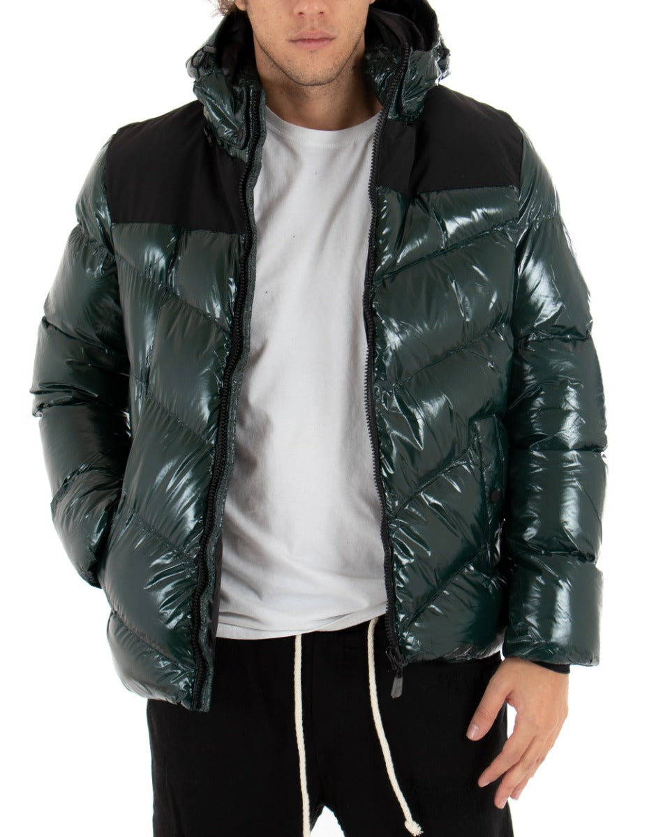 Giubbotto Uomo Bomber Vernice Lucido Verde Tinta Unita Puffer Cappuccio GIOSAL-G2666A