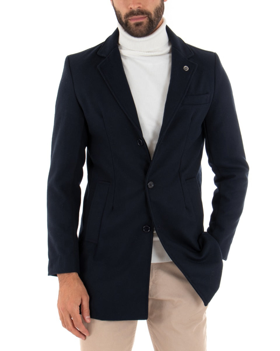 Cappotto Monopetto Uomo Giacca Colletto Reverse Giaccone Tinta Unita Blu Baronetto Elegante GIOSAL-G2687A