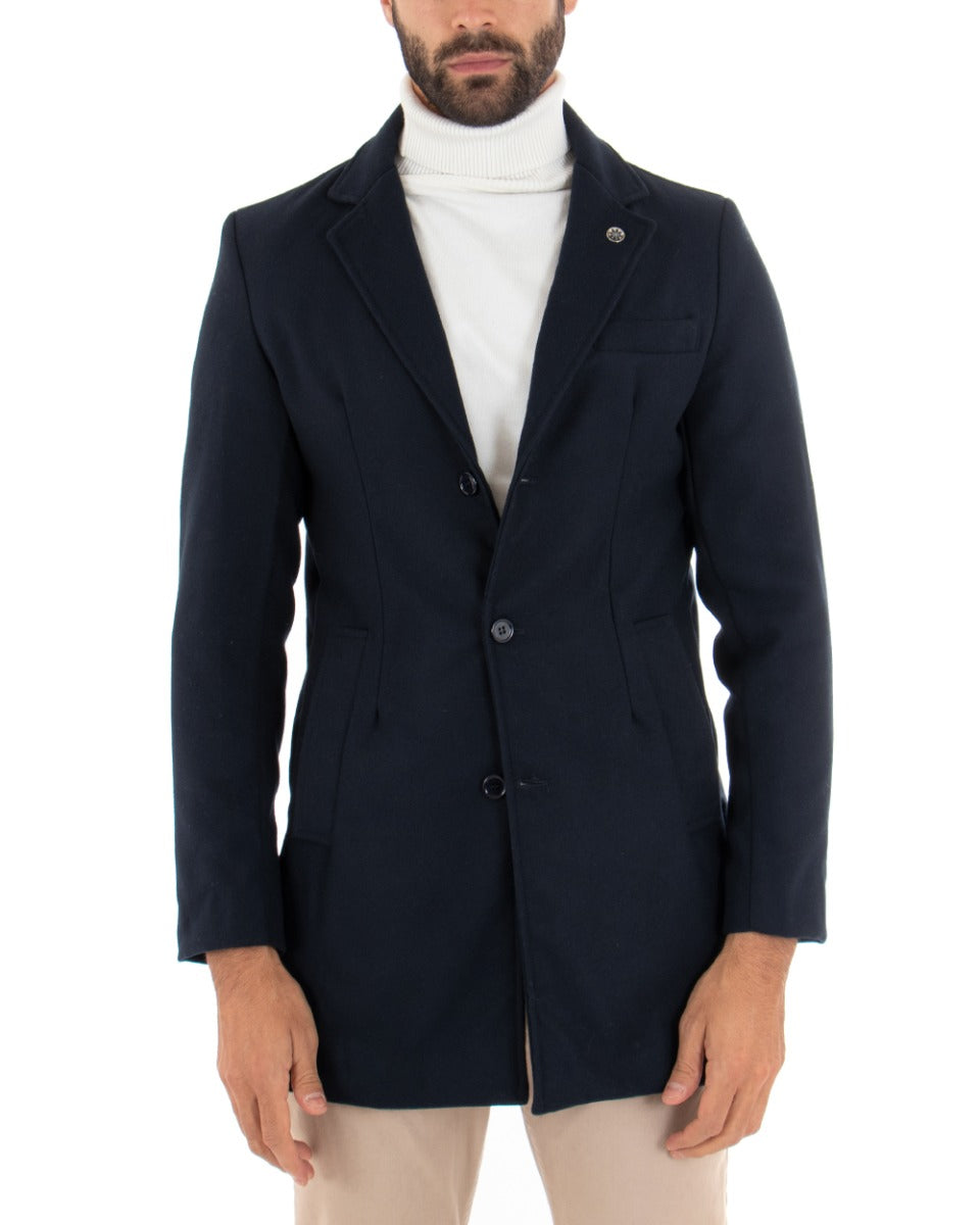 Cappotto Monopetto Uomo Giacca Colletto Reverse Giaccone Tinta Unita Blu Baronetto Elegante GIOSAL-G2687A