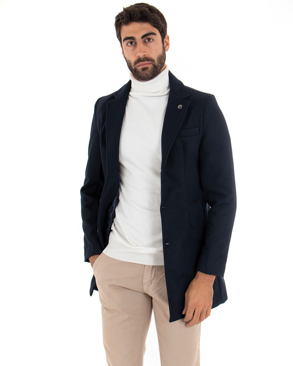 Cappotto Monopetto Uomo Giacca Colletto Reverse Giaccone Tinta Unita Blu Baronetto Elegante GIOSAL-G2687A