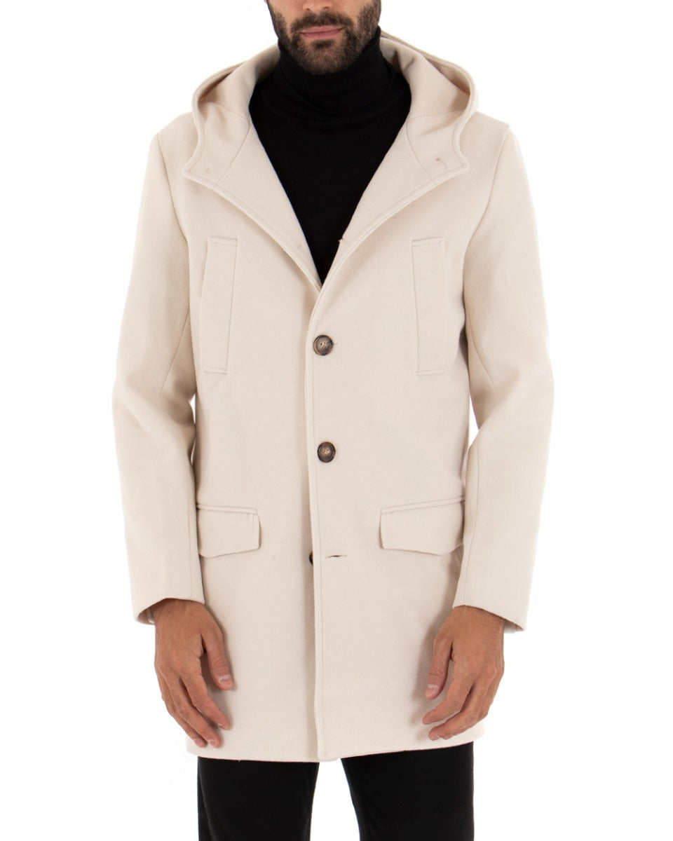 Cappotto Monopetto Uomo Giacca Giaccone Con Cappuccio Panna Baronetto Elegante GIOSAL-G2701A