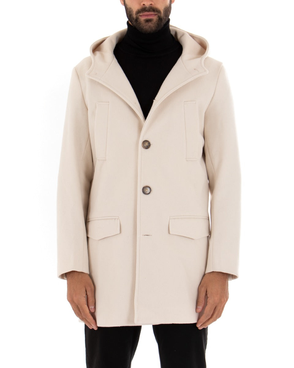 Cappotto Monopetto Uomo Giacca Giaccone Con Cappuccio Panna Baronetto Elegante GIOSAL-G2701A