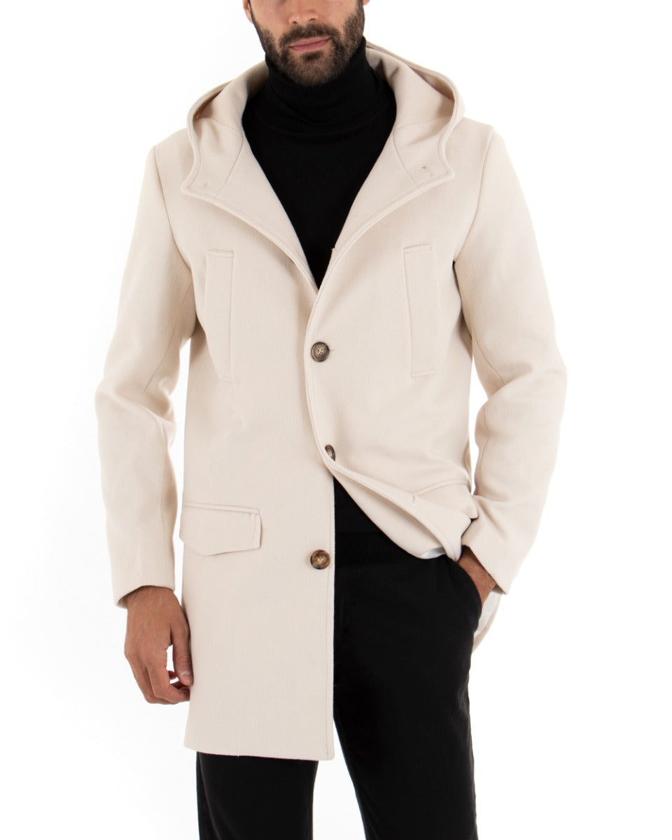 Cappotto Monopetto Uomo Giacca Giaccone Con Cappuccio Panna Baronetto Elegante GIOSAL-G2701A