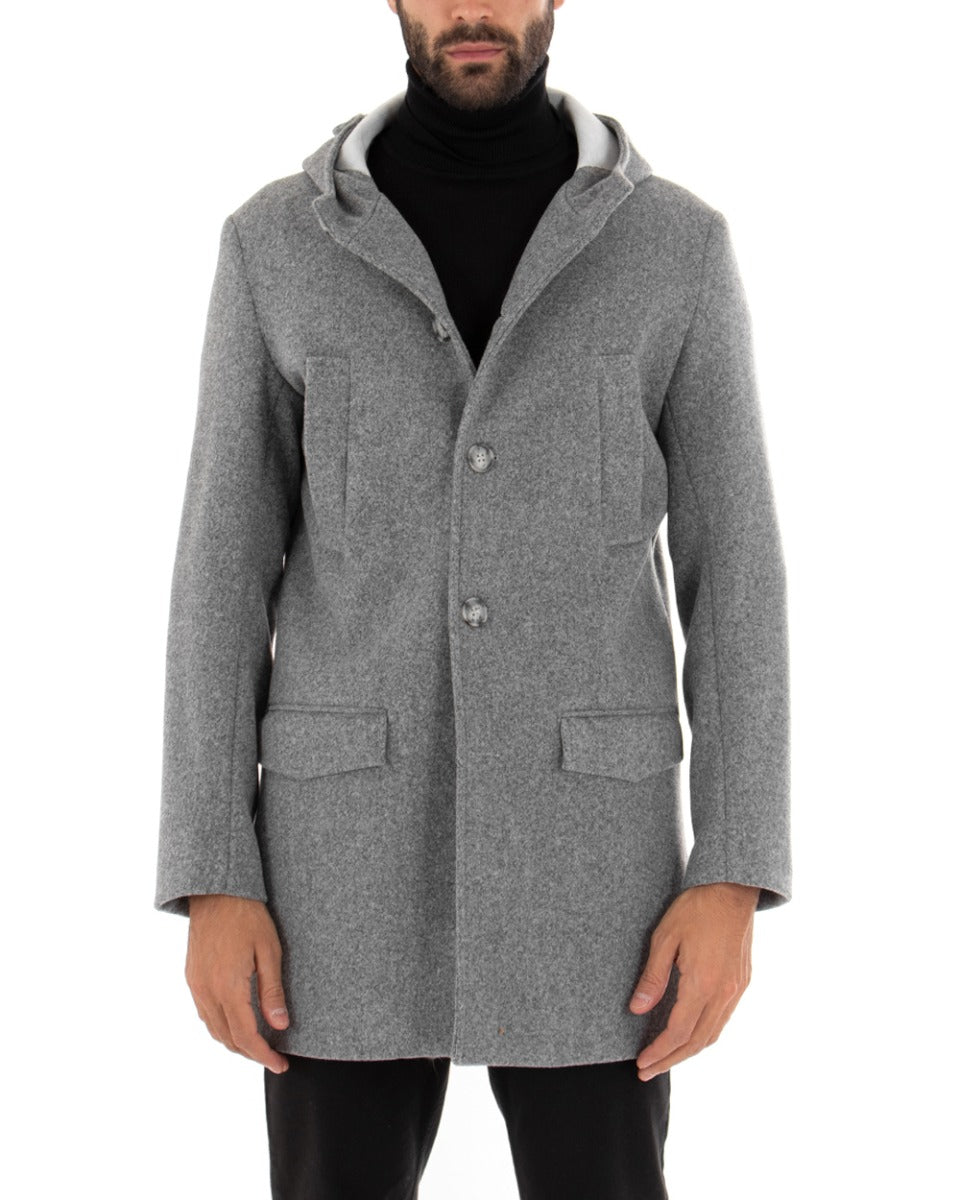 Cappotto Monopetto Uomo Giacca Giaccone Con Cappuccio Grigio Chiaro Baronetto Elegante GIOSAL-G2706A