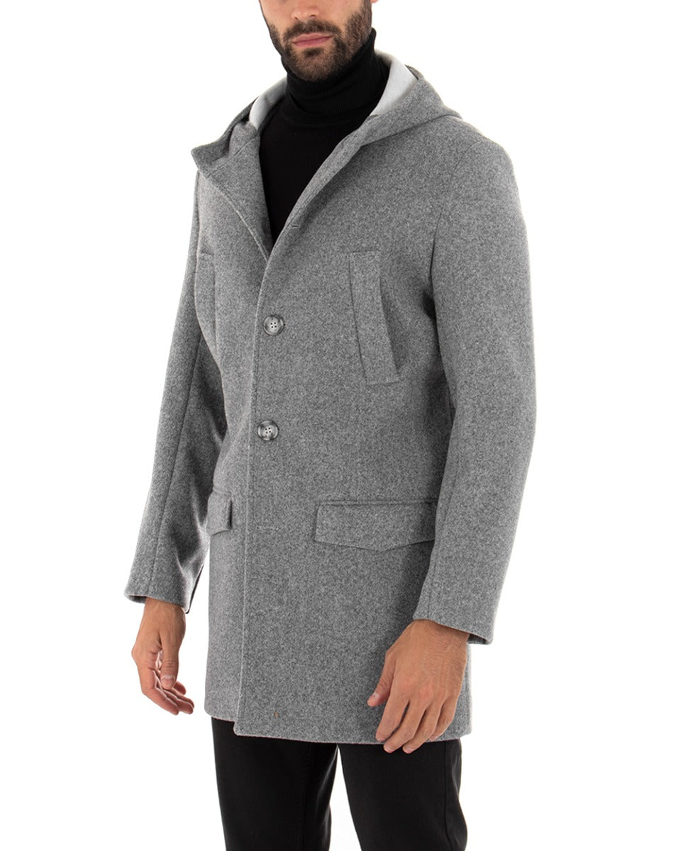 Cappotto Monopetto Uomo Giacca Giaccone Con Cappuccio Grigio Chiaro Baronetto Elegante GIOSAL-G2706A
