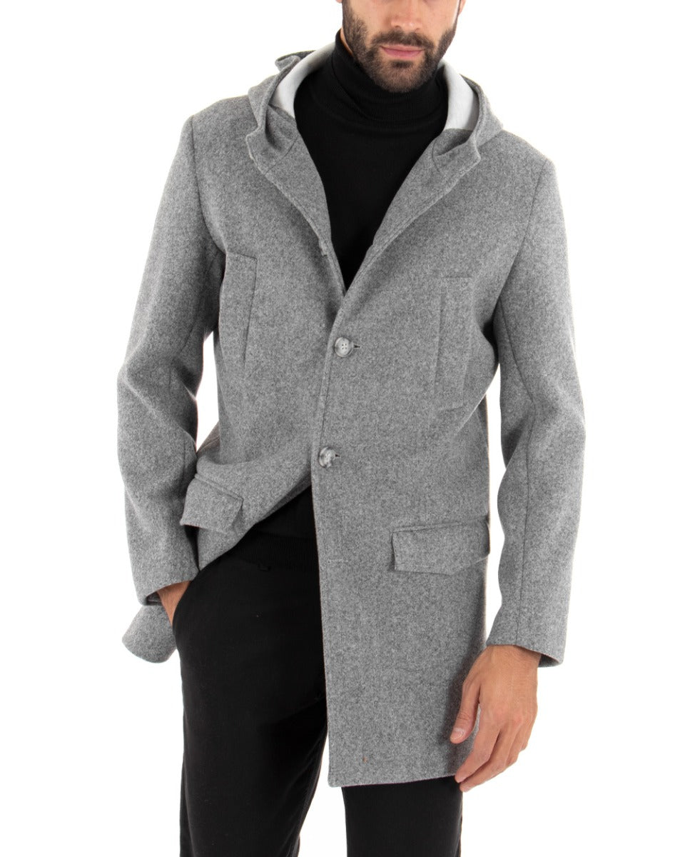 Cappotto Monopetto Uomo Giacca Giaccone Con Cappuccio Grigio Chiaro Baronetto Elegante GIOSAL-G2706A
