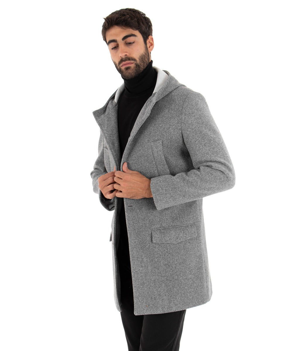 Cappotto Monopetto Uomo Giacca Giaccone Con Cappuccio Grigio Chiaro Baronetto Elegante GIOSAL-G2706A
