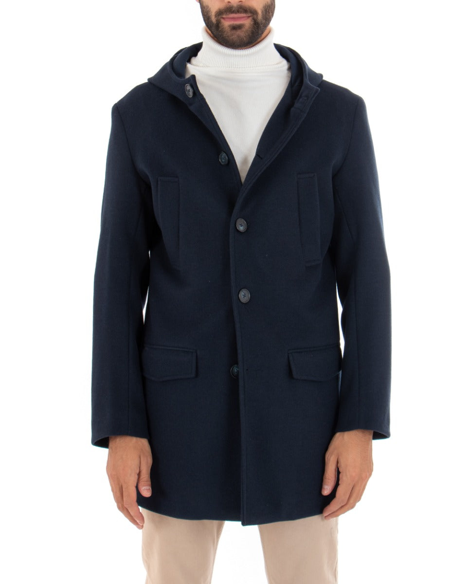 Cappotto Monopetto Uomo Giacca Giaccone Con Cappuccio Blu Baronetto Elegante GIOSAL-G2709A