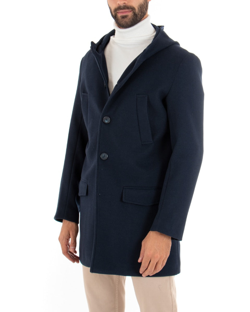 Cappotto Monopetto Uomo Giacca Giaccone Con Cappuccio Blu Baronetto Elegante GIOSAL-G2709A