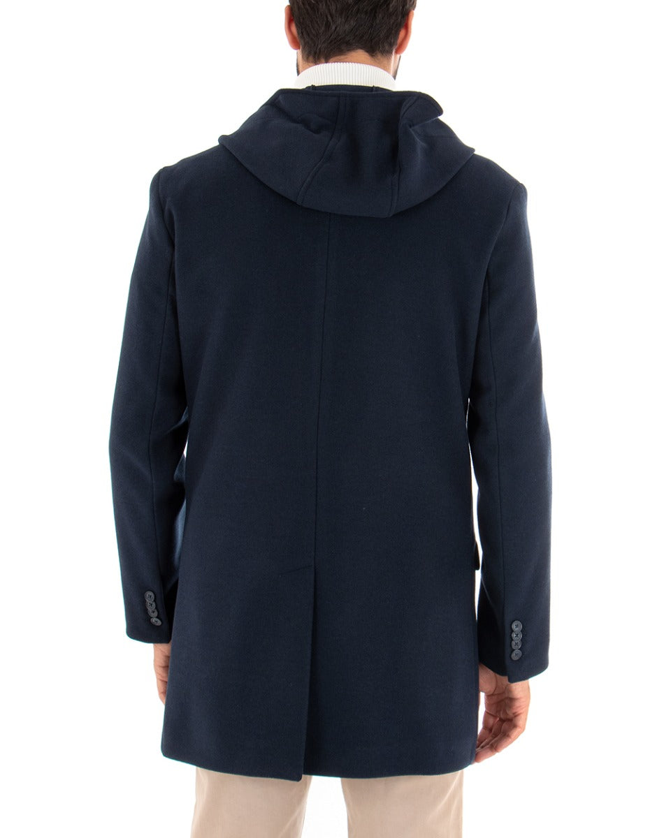 Cappotto Monopetto Uomo Giacca Giaccone Con Cappuccio Blu Baronetto Elegante GIOSAL-G2709A