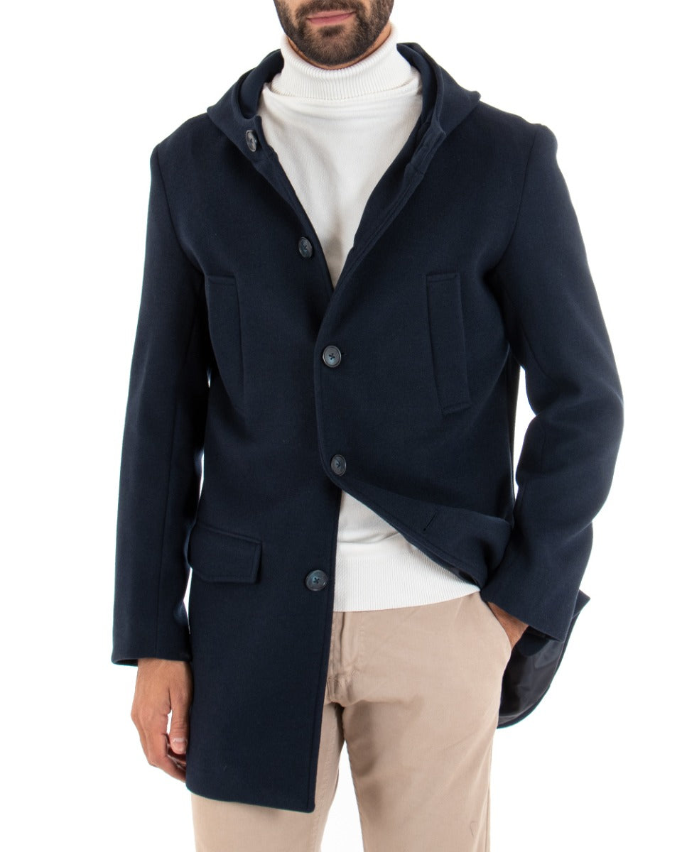 Cappotto Monopetto Uomo Giacca Giaccone Con Cappuccio Blu Baronetto Elegante GIOSAL-G2709A